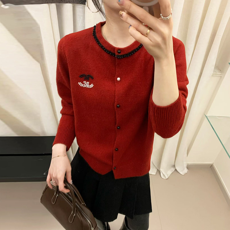 2026新款圆领洋气钉珠红色新年穿搭高级感时尚针织开衫外套上衣女,女装/女士精品,毛针织衫,淘宝优惠券,粉丝福利购,淘宝优惠卷