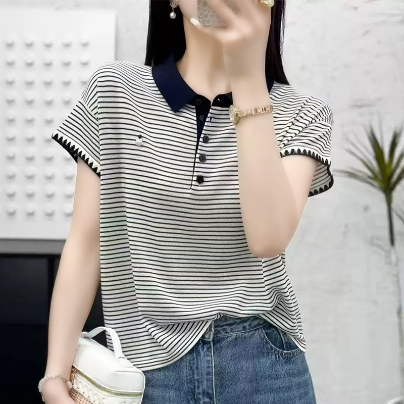 简约翻领条纹提花短袖T恤上衣女图片