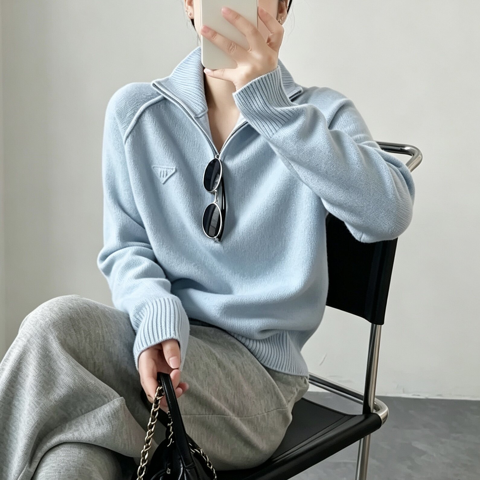 100%羊毛欧货2026秋冬本命年半拉链三角标宽松针织衫长袖毛衣女
