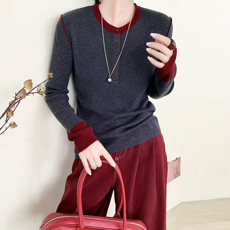 羊毛套头圆领宽松拼接纽扣