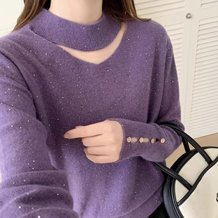 90%羊毛欧货2026新款镂空V领袖口钉珠宽松洋气针织衫烫钻上衣女