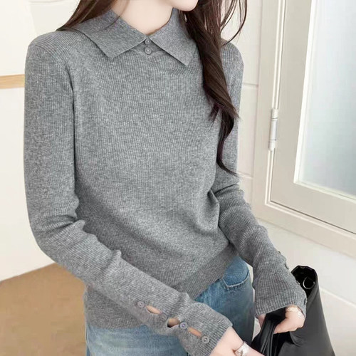 极简翻领纽扣坑条百搭显瘦上衣女