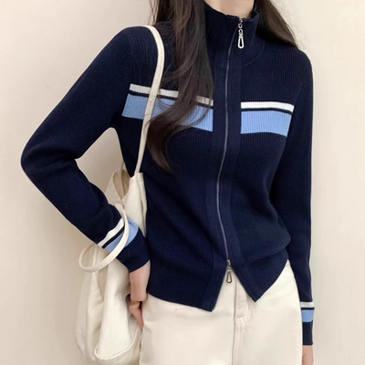 正肩显瘦拉链立领条纹针织开衫