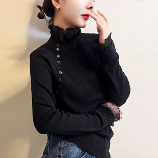 上衣女 女人味羊毛针织衫 90%羊毛2025半高领蕾丝拼接修身 打底衫