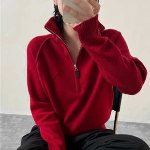 100%羊毛欧货2025红色本命年半拉链三角标宽松针织衫 毛衣女 长袖