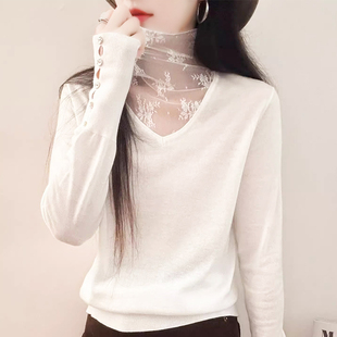 90%羊毛2025冬新款 上衣女 高领蕾丝拼接纽扣宽松百搭打底针织衫