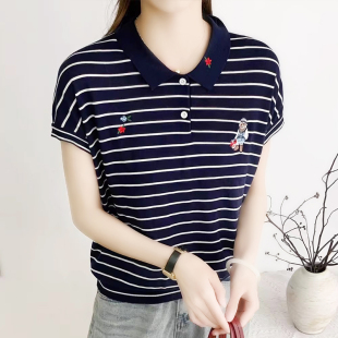 上衣女 2025夏新款 高级感时尚 翻领拼色条纹小熊提花短袖 T恤针织衫