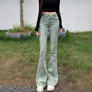 高腰裤 新款 女2026夏季 李李服饰浅蓝色弹力字母翻腰微喇牛仔裤