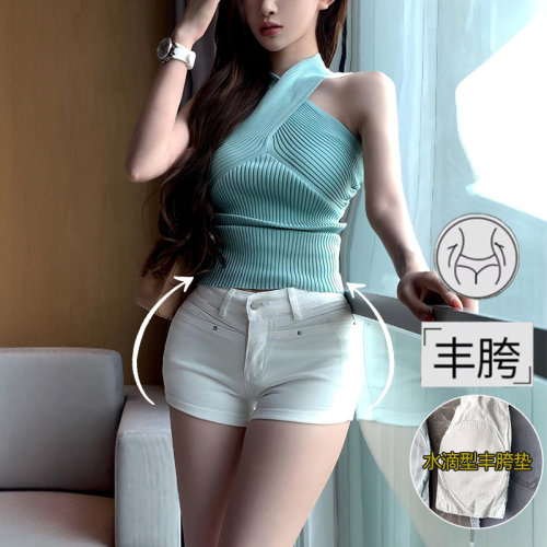 白色低腰弹力紧身丰胯牛仔短裤女