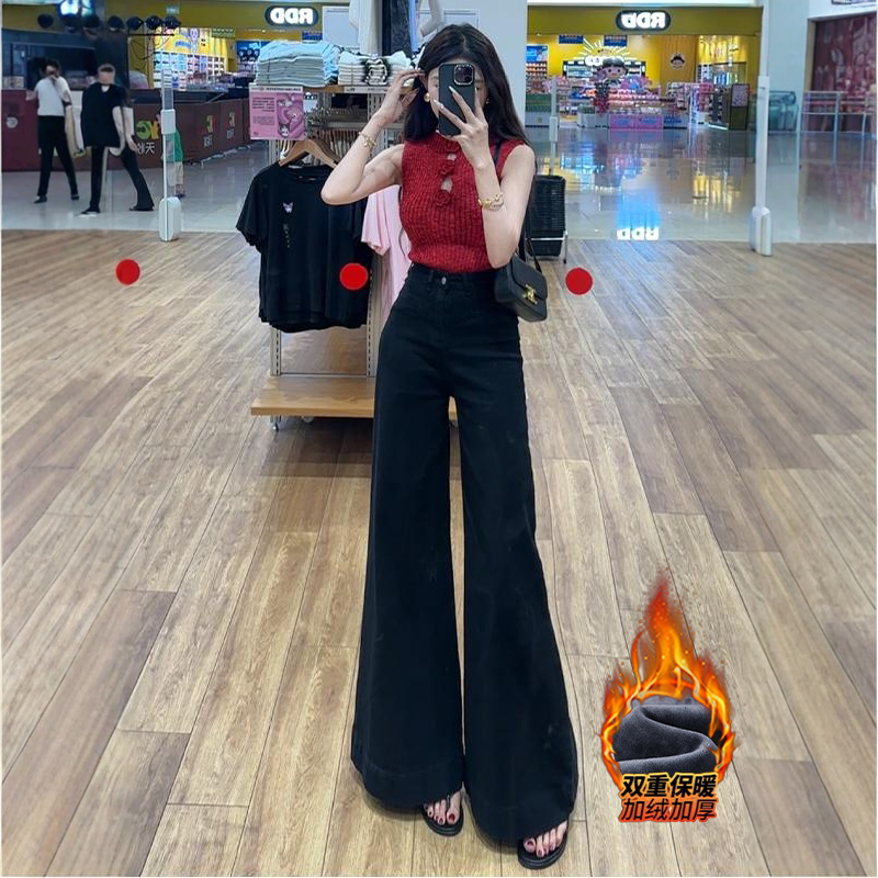 李李服饰2025冬季新款加绒黑色高腰阔腿牛仔裤女小个子显瘦拖地裤