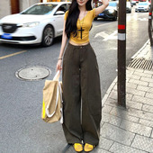 高腰显瘦拖地裤 新款 女2026夏季 李李服饰咖绿色复古弯刀阔腿裤