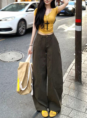 李李服饰咖绿色复古弯刀阔腿裤女2026春季新款高腰显瘦拖地裤