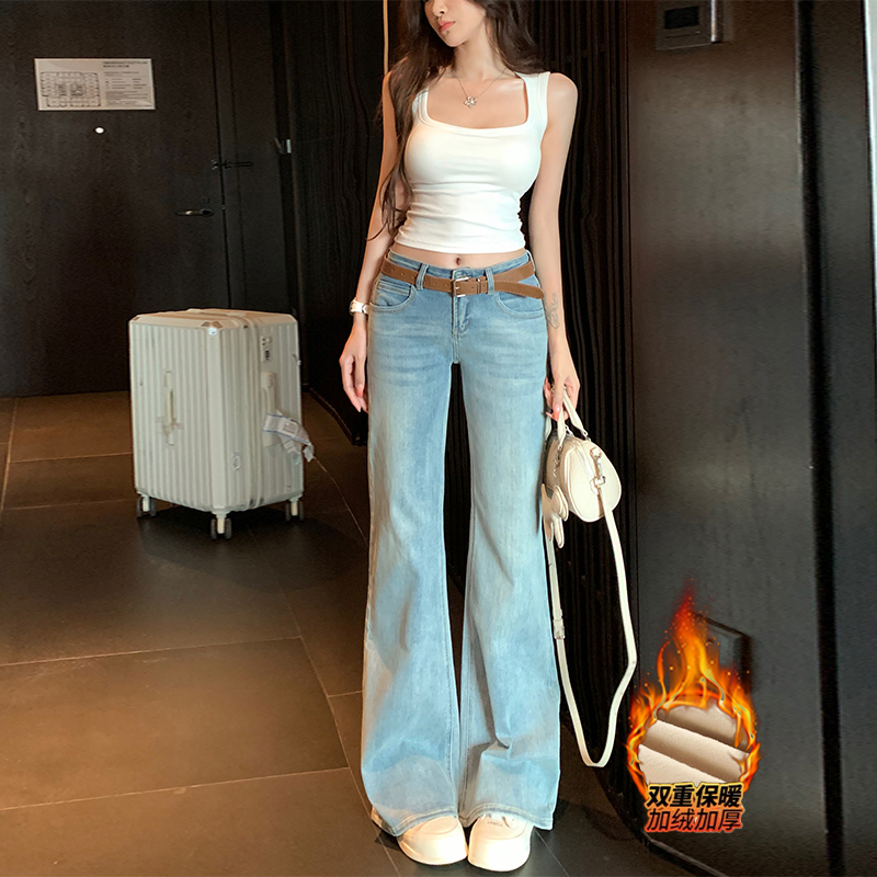 李李服饰加绒简约蓝调低腰不贴腿微喇牛仔裤女2025冬季显瘦拖地裤