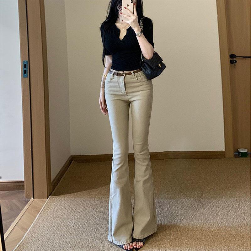 李李服饰老钱风复古卡其色微喇牛仔裤女2026dj高腰显瘦长裤