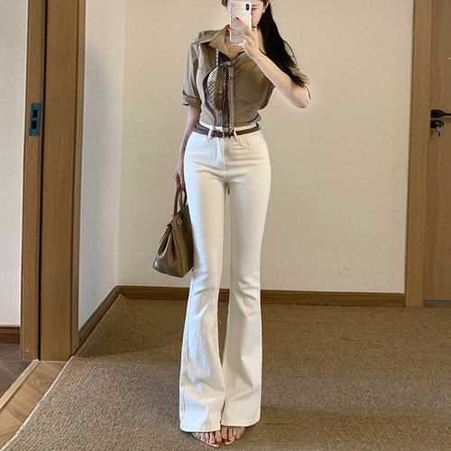 李李家极简风气质米色微喇牛仔裤女2026夏季新款弹力高腰长裤
