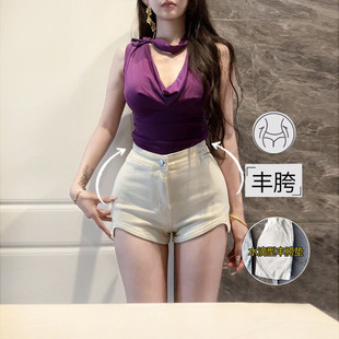 不规则弧形高腰丰胯热裤 李李服饰高级感米白色牛仔短裤 女2026夏季