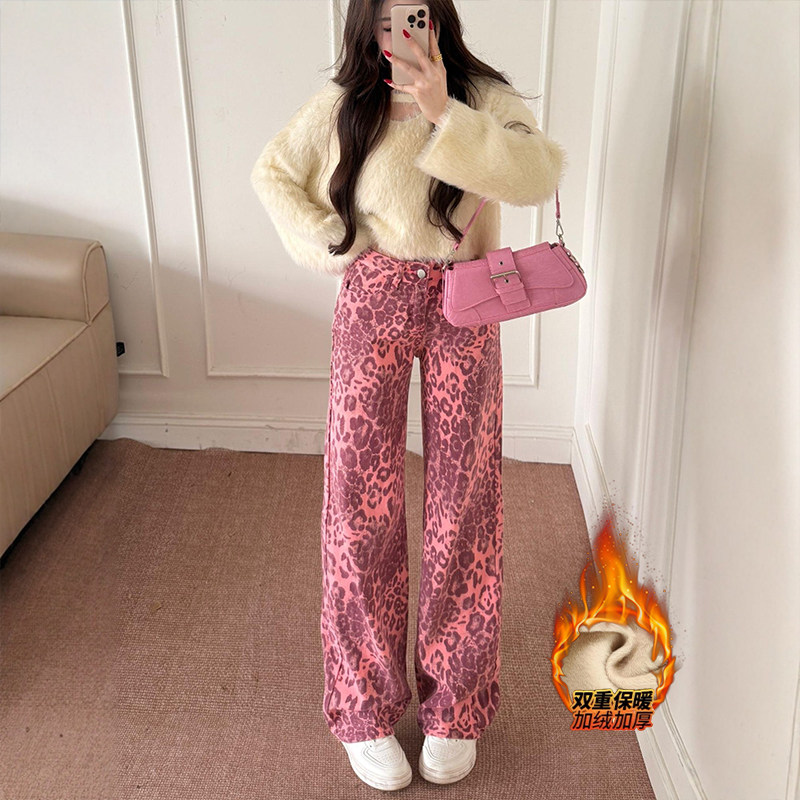 李李服饰多巴胺粉色豹纹牛仔裤女2026冬季加绒宽松高腰阔腿拖地裤,女装/女士精品,牛仔裤,淘宝优惠券,粉丝福利购,淘宝优惠卷