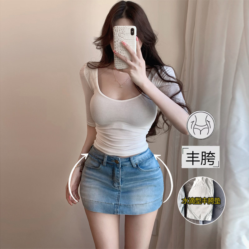 李李家纯欲低腰牛仔包臀短裙图片