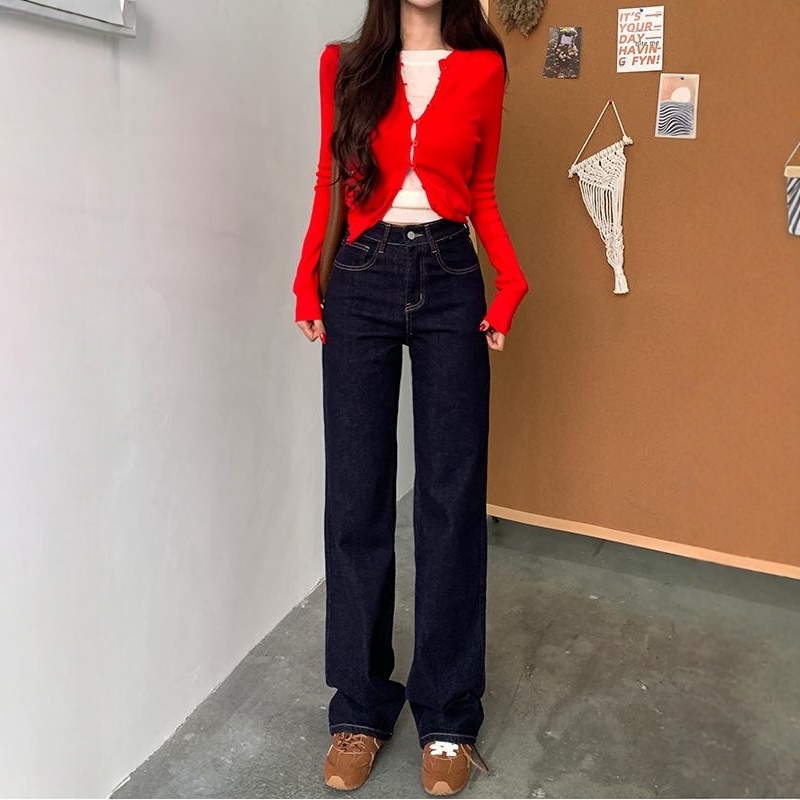高腰丹宁蓝窄版直筒牛仔裤女