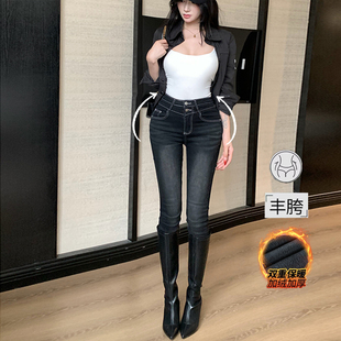 高腰显瘦小脚裤 李李服饰黑色韩系漫画腿丰胯加绒牛仔裤 女2025冬季