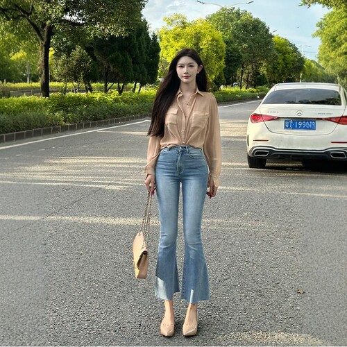 李李家高腰提臀百搭毛边微喇牛仔裤女2026夏季新款弹力九分裤子
