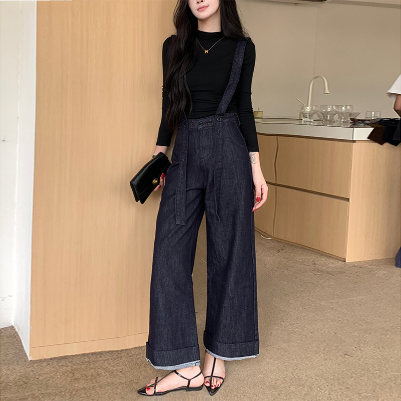 李李家小众宽松背带阔腿牛仔裤女2026秋季新款深色系显瘦连体裤
