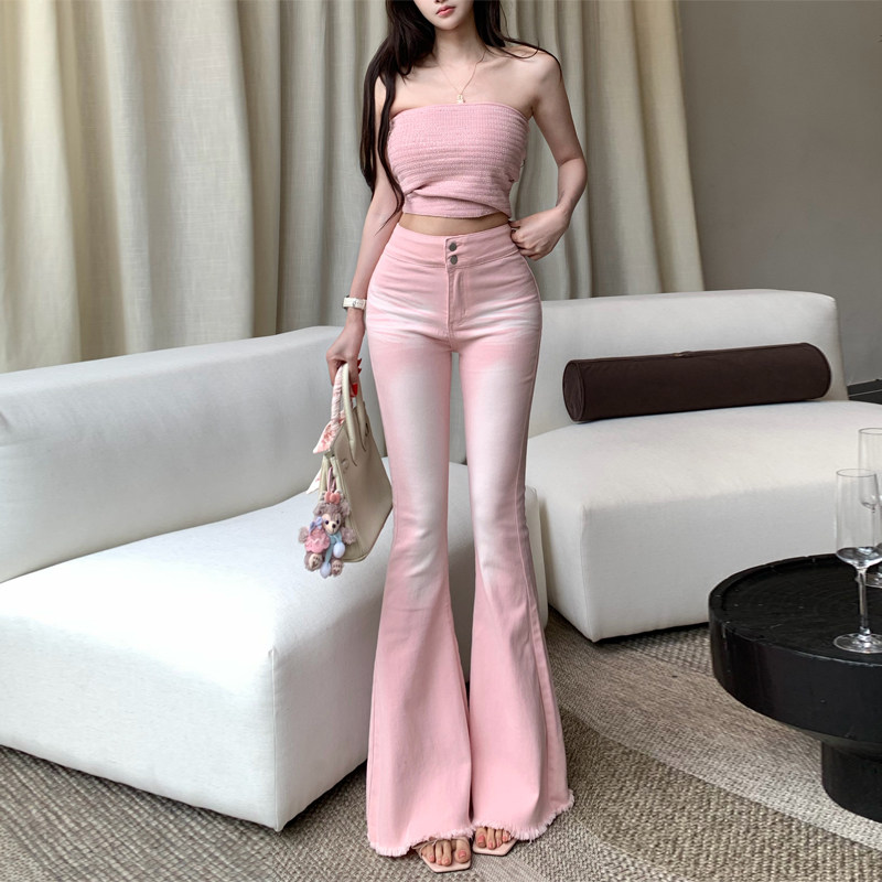 李李服饰粉色渐变高腰喇叭牛仔裤2026夏季新款毛边弹力鱼尾微喇裤