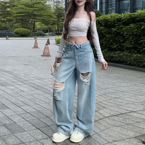 夏季美式雅痞破洞阔腿牛仔裤女