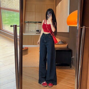 女 宽松显高显瘦阔腿牛仔裤 李李服饰丹宁蓝原牛2026年夏季 新款