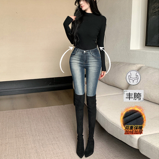 高腰显瘦弹力小脚裤 李李服饰复古磨白加绒丰胯牛仔裤 女2025年冬季