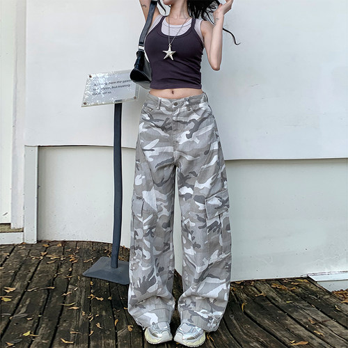 美式高街白灰迷彩阔腿牛仔裤女