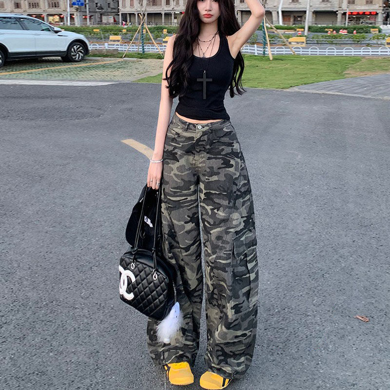 李李服饰嘻哈风加绒迷彩工装弯刀牛仔裤女2026冬款高腰显瘦休闲裤