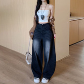 高腰痞帅阔腿裤 李李服饰黑灰潮酷廓形弯刀牛仔裤 女2026年夏季