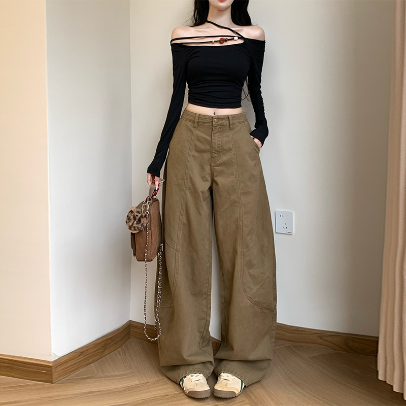 卡其弯刀垂感阔腿裤女