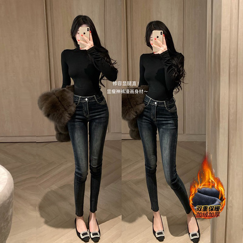 李李服饰韩漫时髦高腰小脚加绒牛仔裤女2025冬季紧身显瘦长腿靴裤
