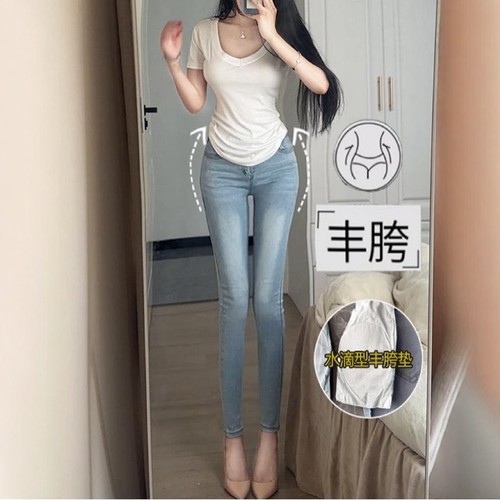 李李服饰浅色丰胯牛仔裤女26夏季显瘦修身提臀弹力高腰小脚裤