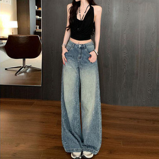 拖地裤 李李服饰满天星烫钻爆闪阔腿宽松牛仔裤 女2026超火夏季