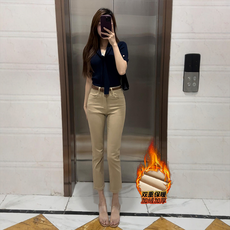 加绒经典老钱风直筒牛仔裤女2025冬季新款修身显瘦百搭纯色九分裤