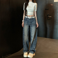 李李服饰重工满天星烫钻阔腿牛仔裤女2025夏季轻奢高腰宽松弯刀裤