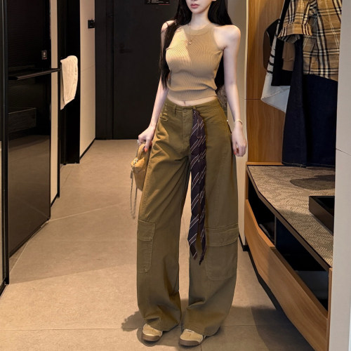 李李家老钱高腰丝带工装阔腿牛仔裤女2026秋季新款宽松休闲弯刀裤