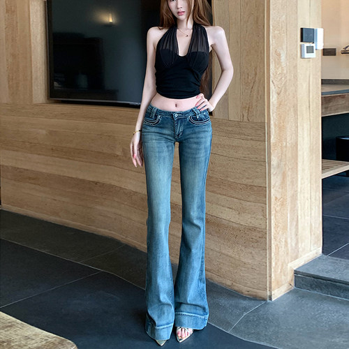 李李家超低腰水洗蓝微喇牛仔裤女2026年夏款显瘦长腿腿精喇叭裤