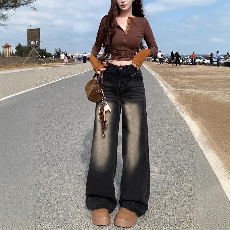 黑灰色水洗刺绣牛仔裤女2025夏季