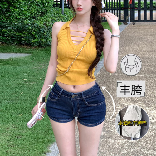 低腰美式丰胯牛仔短裤女