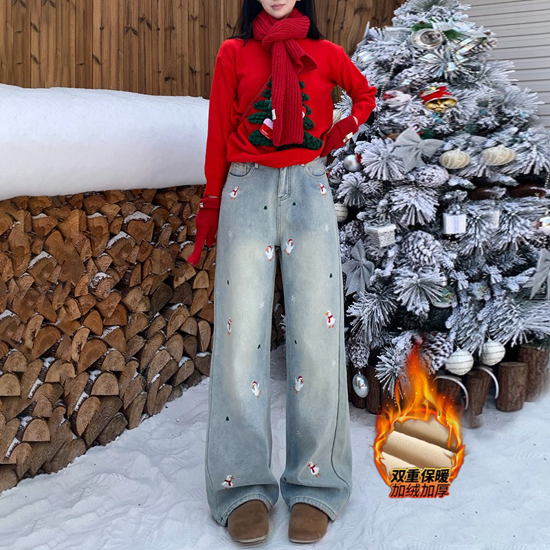 李李服饰圣诞鸭子加绒阔腿牛仔裤女2025冬季高腰垂感慵懒堆堆长裤