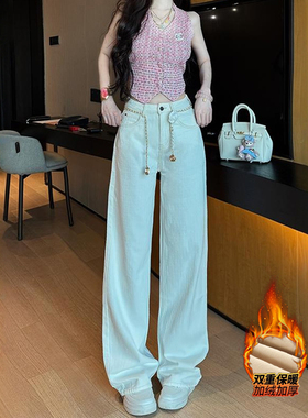 李李服饰加绒小香风白色牛仔裤女25冬款菱形格纹宽松山茶花链条裤