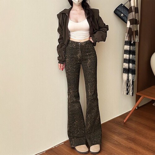 李李服饰高腰豹纹微喇牛仔裤女26夏季新款潮流百搭显瘦弹力喇叭裤