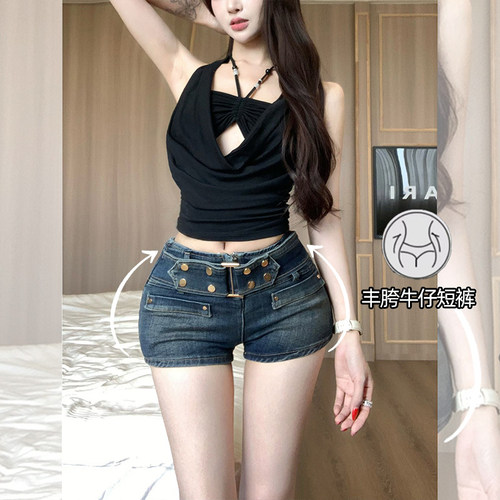 李李服饰复古辣妹丰胯牛仔短裤女2026年夏季薄款低腰铆钉腰头热裤
