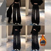 李李服饰亮闪闪烫钻加绒牛仔裤 高级黑高腰阔腿长裤 女2026冬季 新款