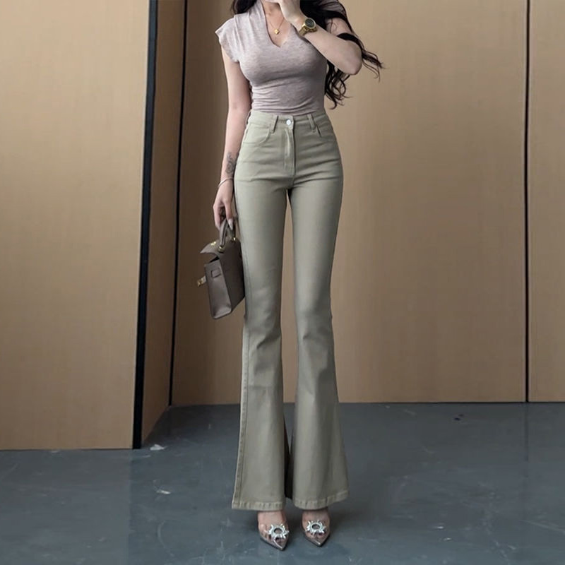 李李服饰美式卡其色微喇牛仔裤女2025夏季新款高腰显瘦显高喇叭裤