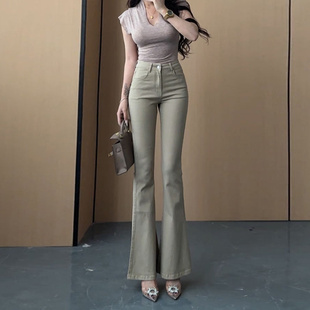 新款 李李服飾美式 卡其色微喇牛仔褲 女2025夏季 高腰顯瘦顯高喇叭褲